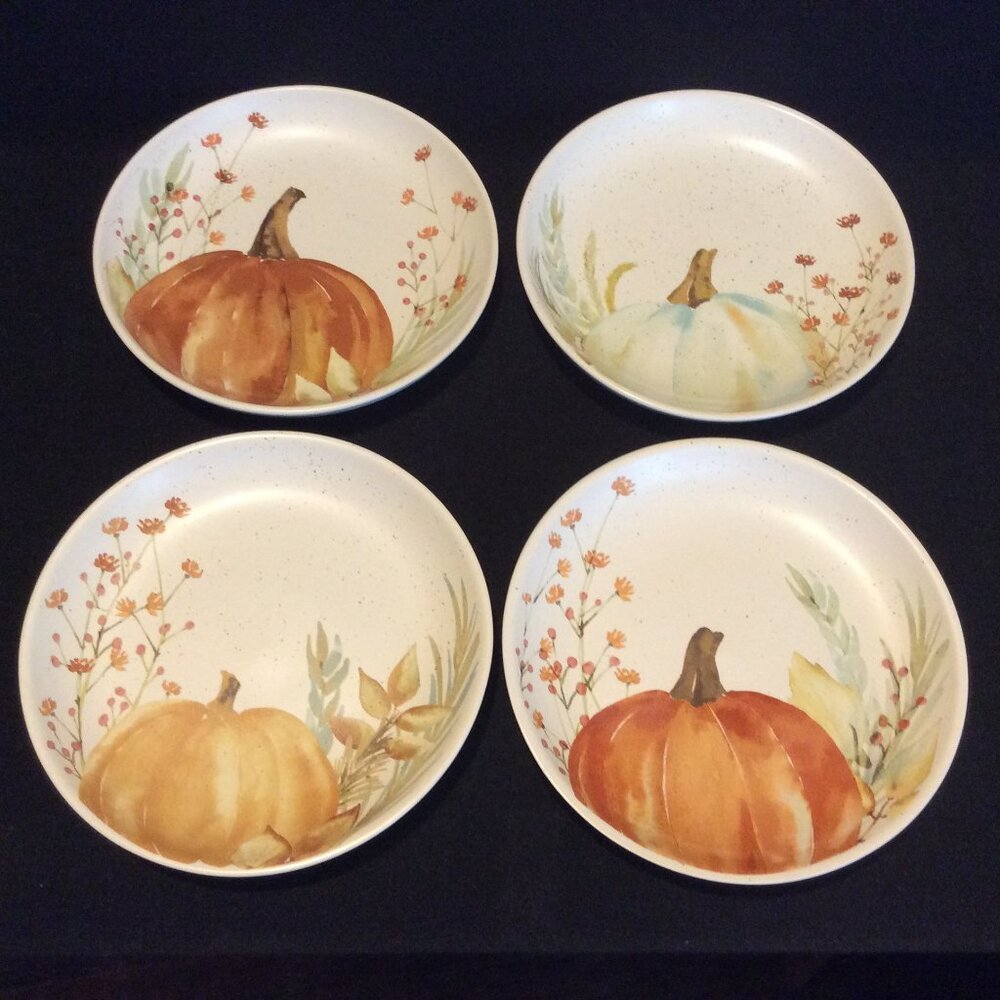 Linden Street Harvest Pumpkin 4 Salad Plates Used in Original Box Thanksgiving